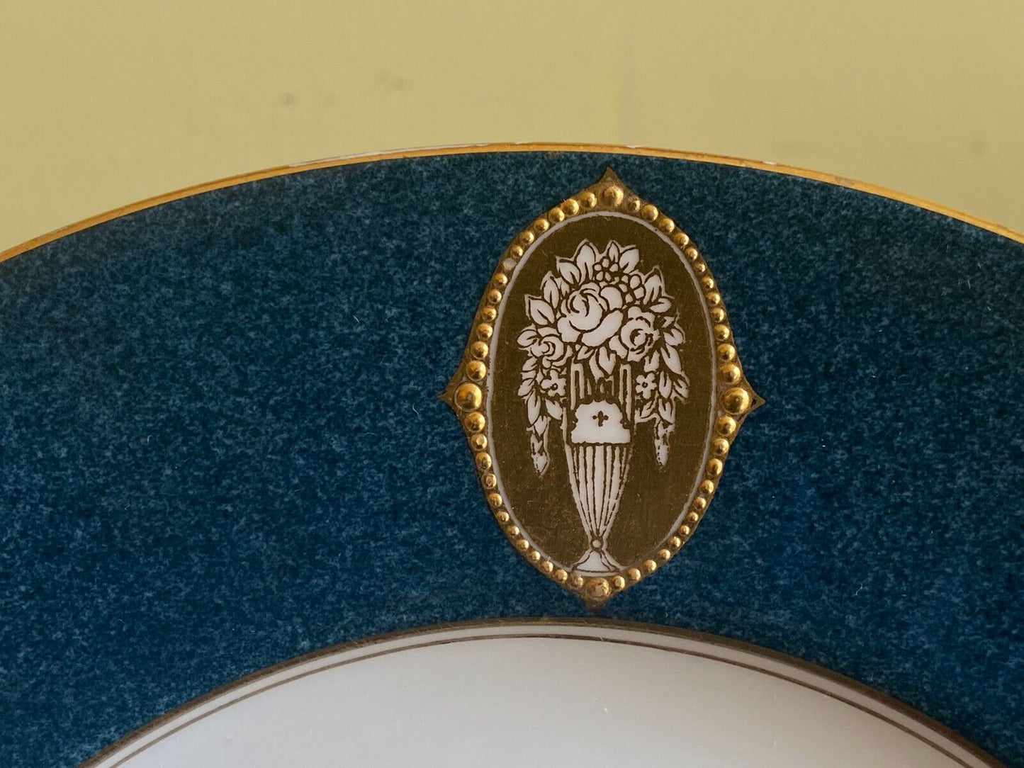 Royal Worcester gold medallion plates, , powder blue border, gold rim, ca.1930