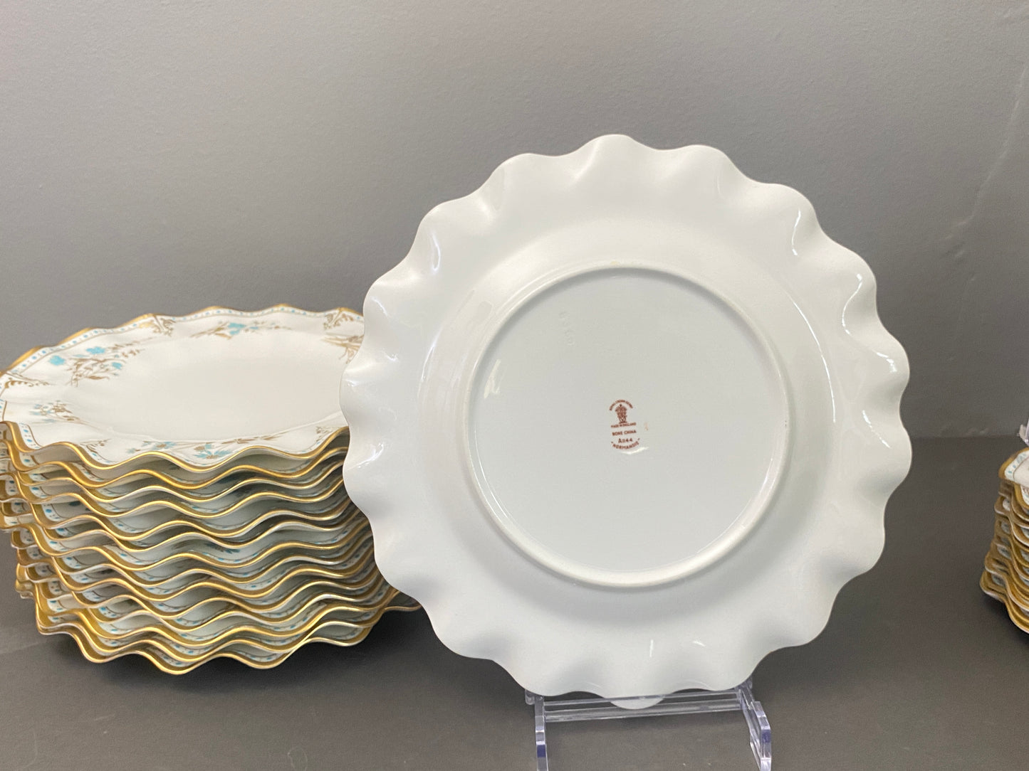 Royal Crown Derby bone china dinner plates in the Normandie pattern