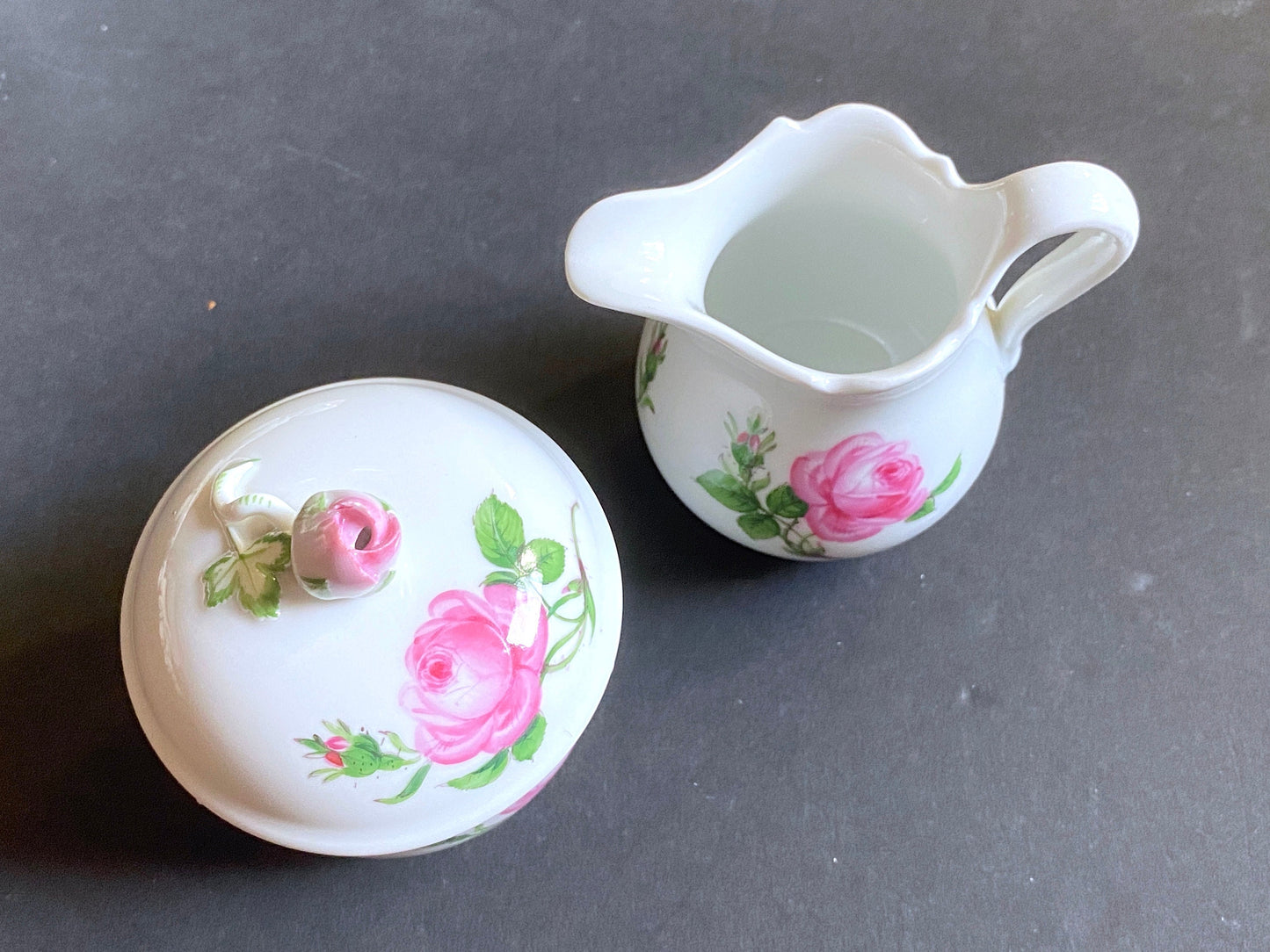Vintage MEISSEN PINK ROSE mocha/demitasse set, cup & saucers, milk jar, lidded sugar with rose finial, 1st quality, made in Germany