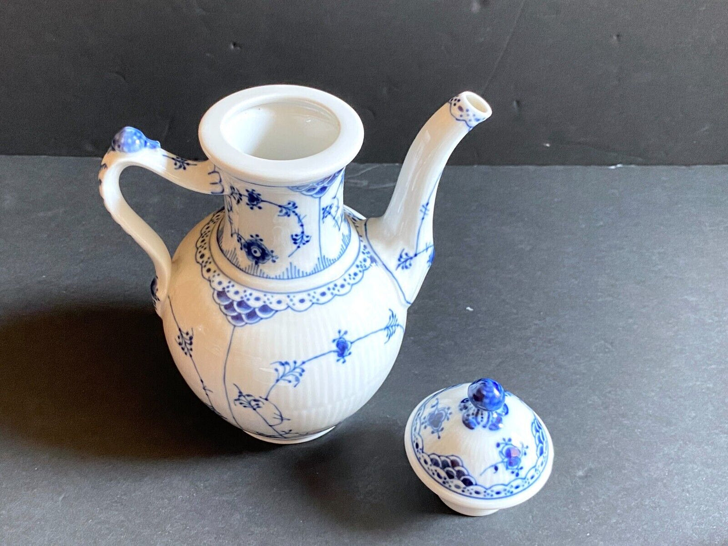 Royal Copenhagen Blue Fluted Half Lace coffee pot #519, 9 1/4 inches high, 1st