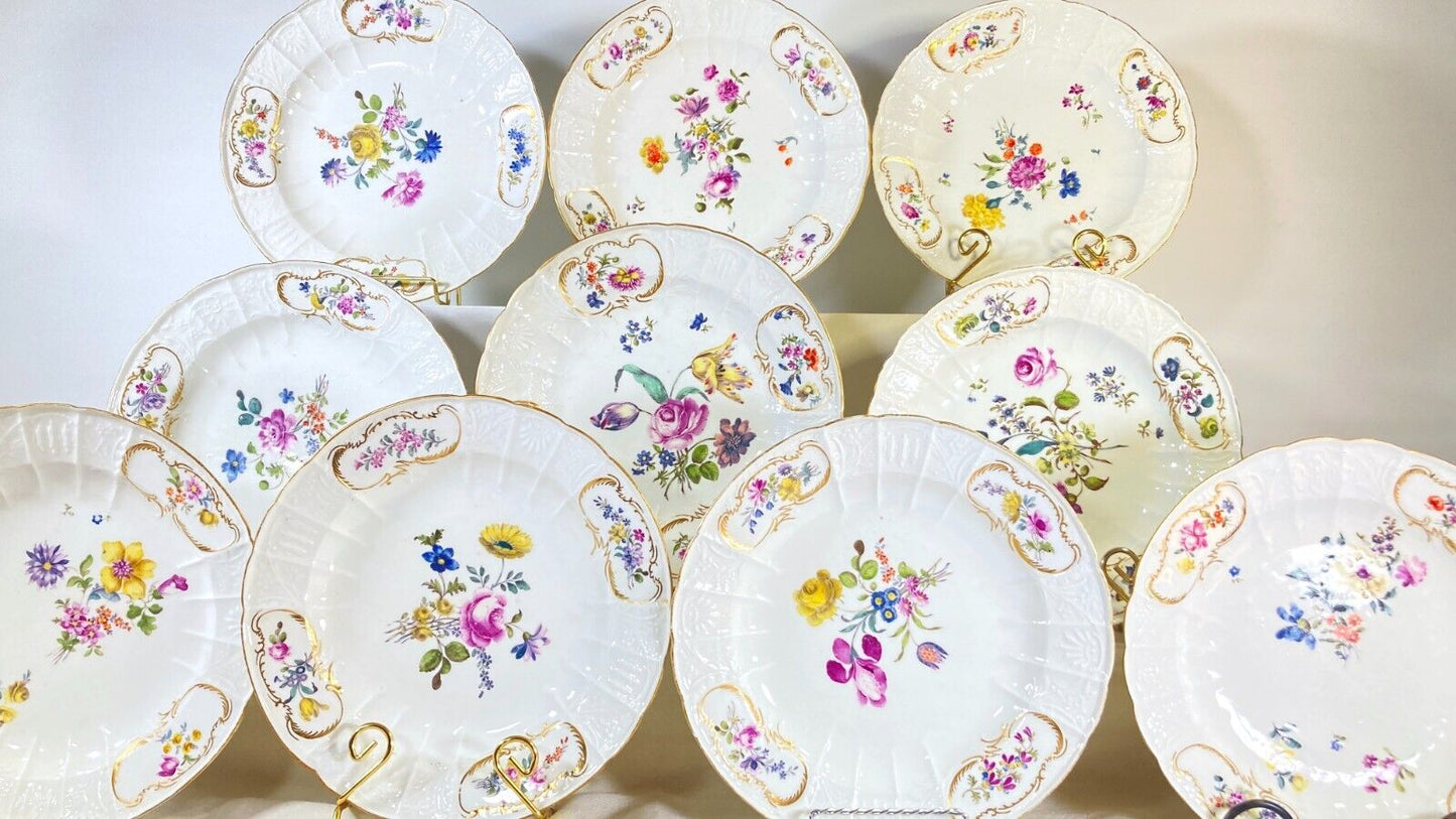 Set 10 x Meissen (1815-1860) 9.5'' plates, floral motif, gold accents, RARE