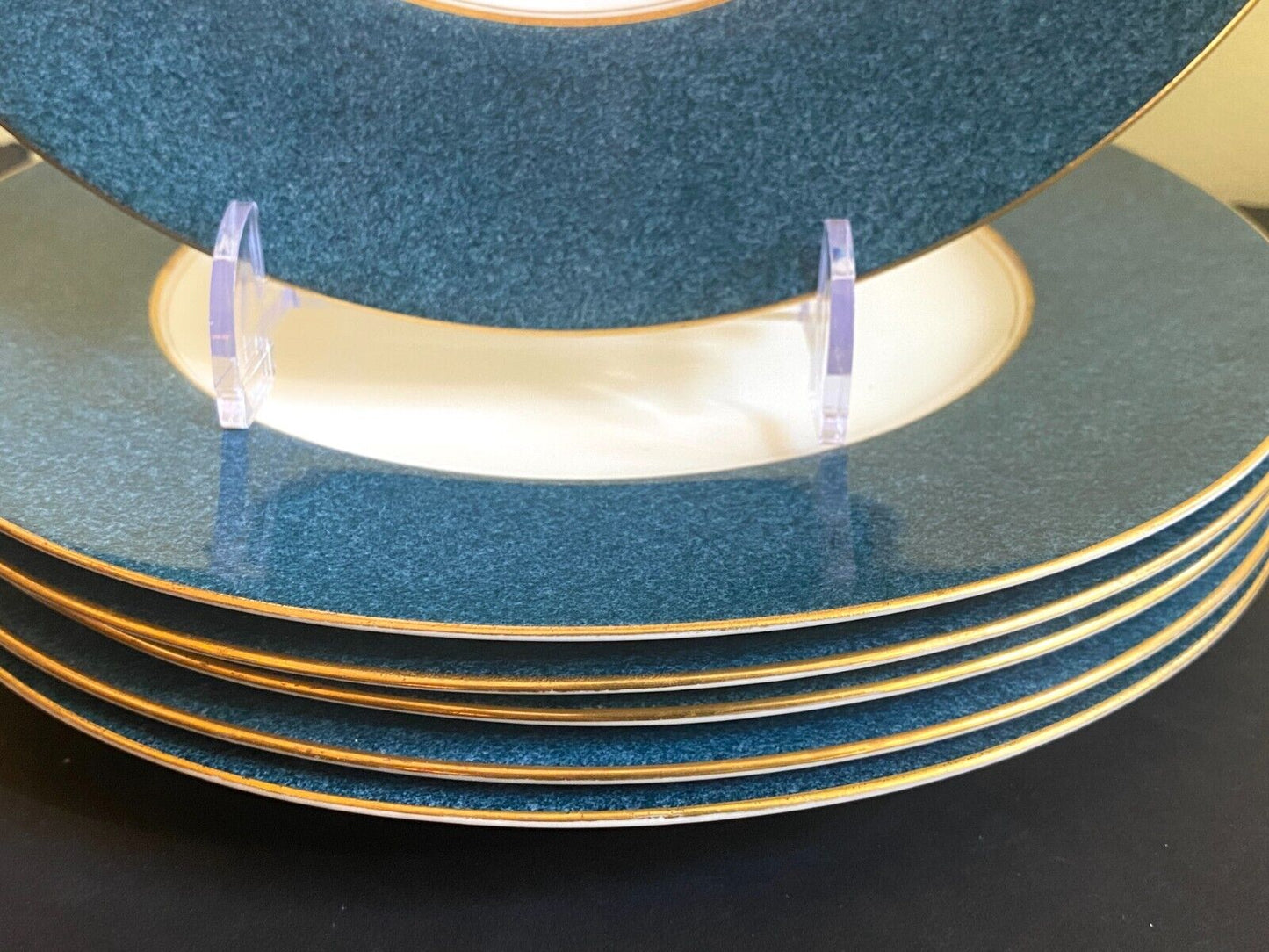 Royal Worcester gold medallion plates, , powder blue border, gold rim, ca.1930