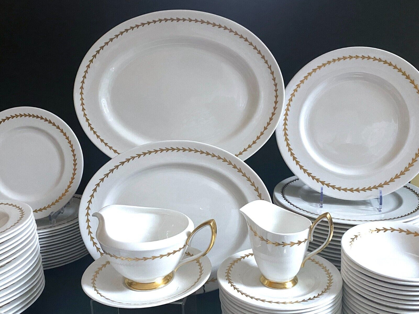 Serve 16 Royal Albert White w/ gold gilt bone china dinner service, 95pcs, MINT