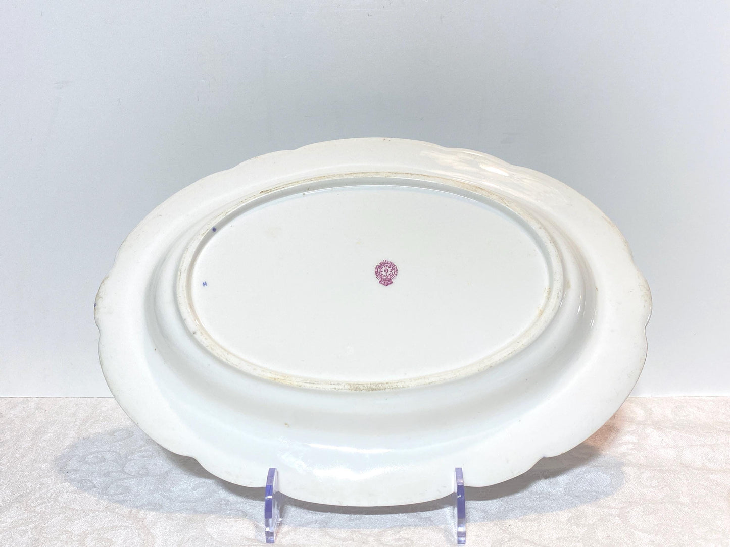 Pair Royal Worcester English Porcelain Blue and White "Royal Lily " oval serving platters, 12.5'' W, rare scalloped edges,Circa 1906