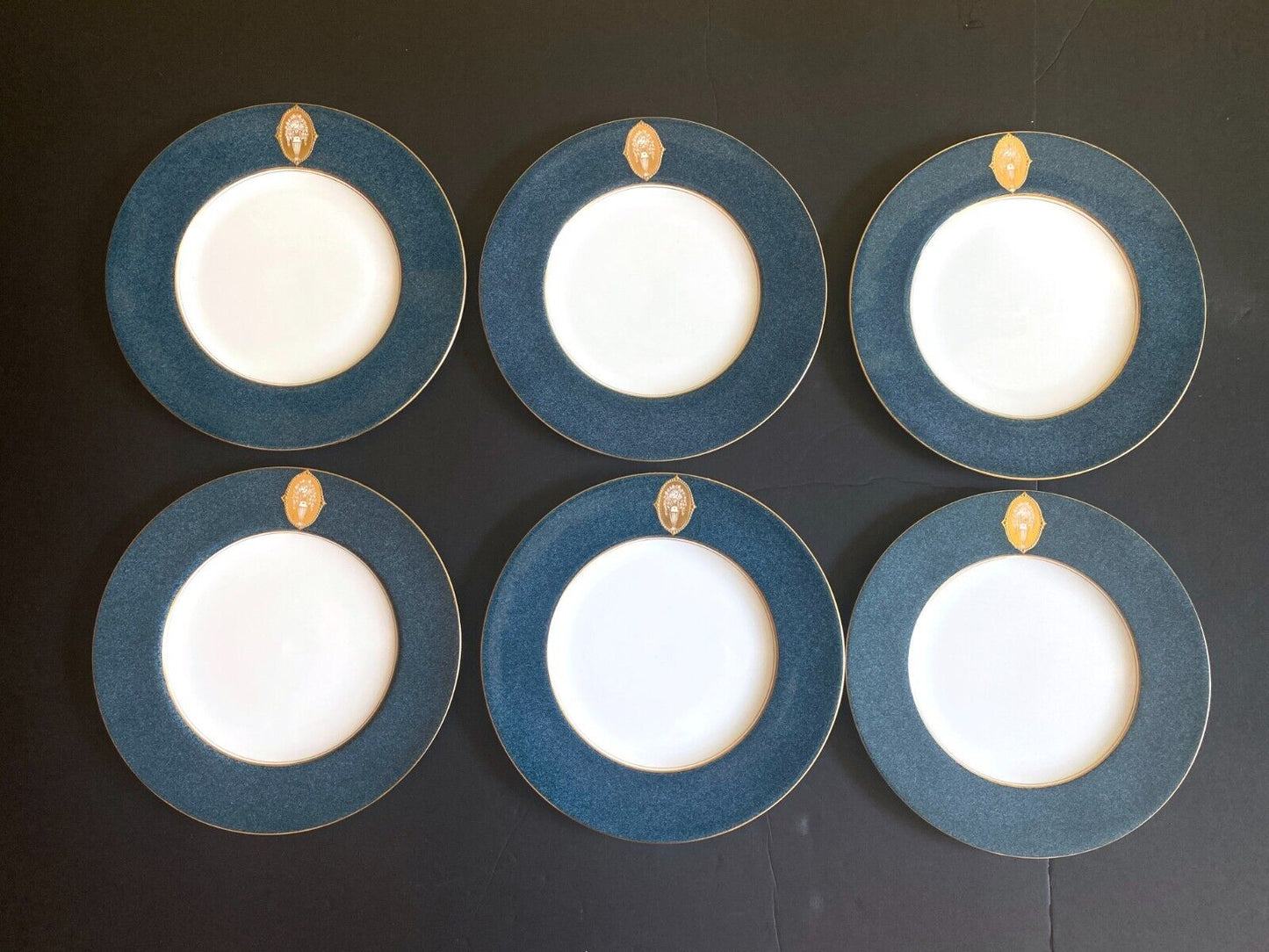 Royal Worcester gold medallion plates, , powder blue border, gold rim, ca.1930