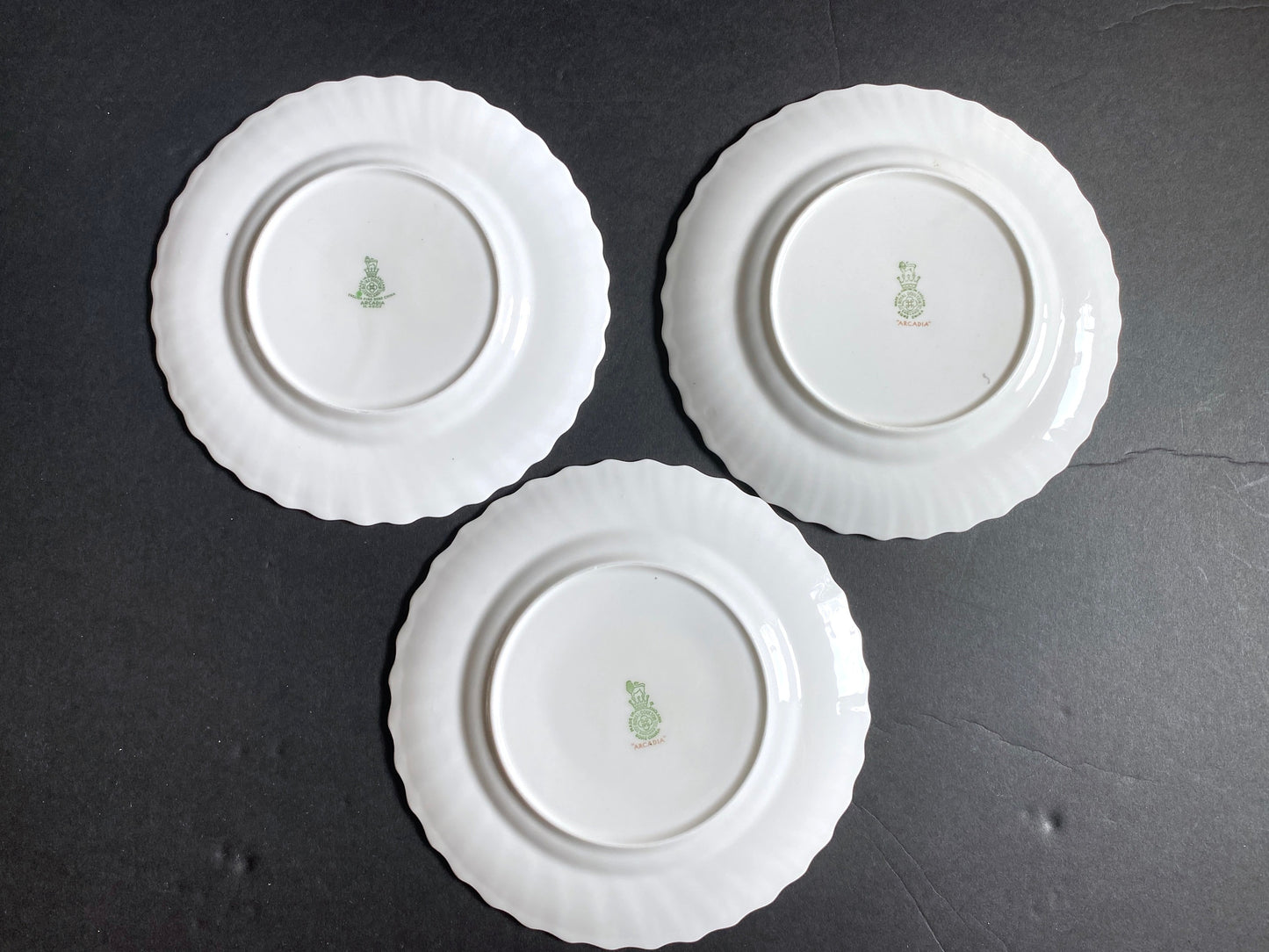 Royal Doulton "Arcadia" pattern No H4802 salad plates, 8'', fine bone china, 4 green backstamps, 3 brown, beautiful