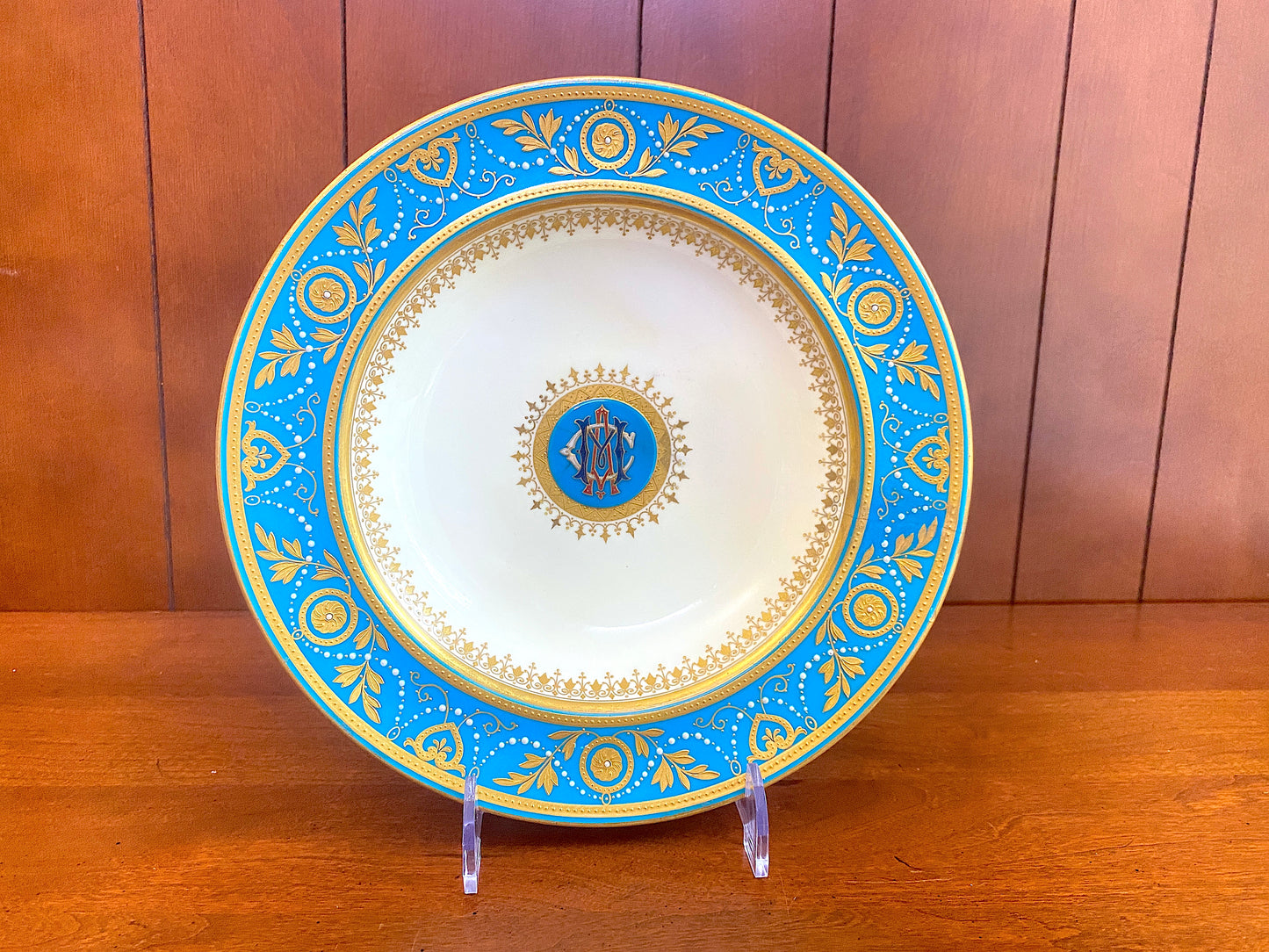 Minton Morrison Service Bleu Celeste / Turquoise Jeweled deep plate, Ca.1870