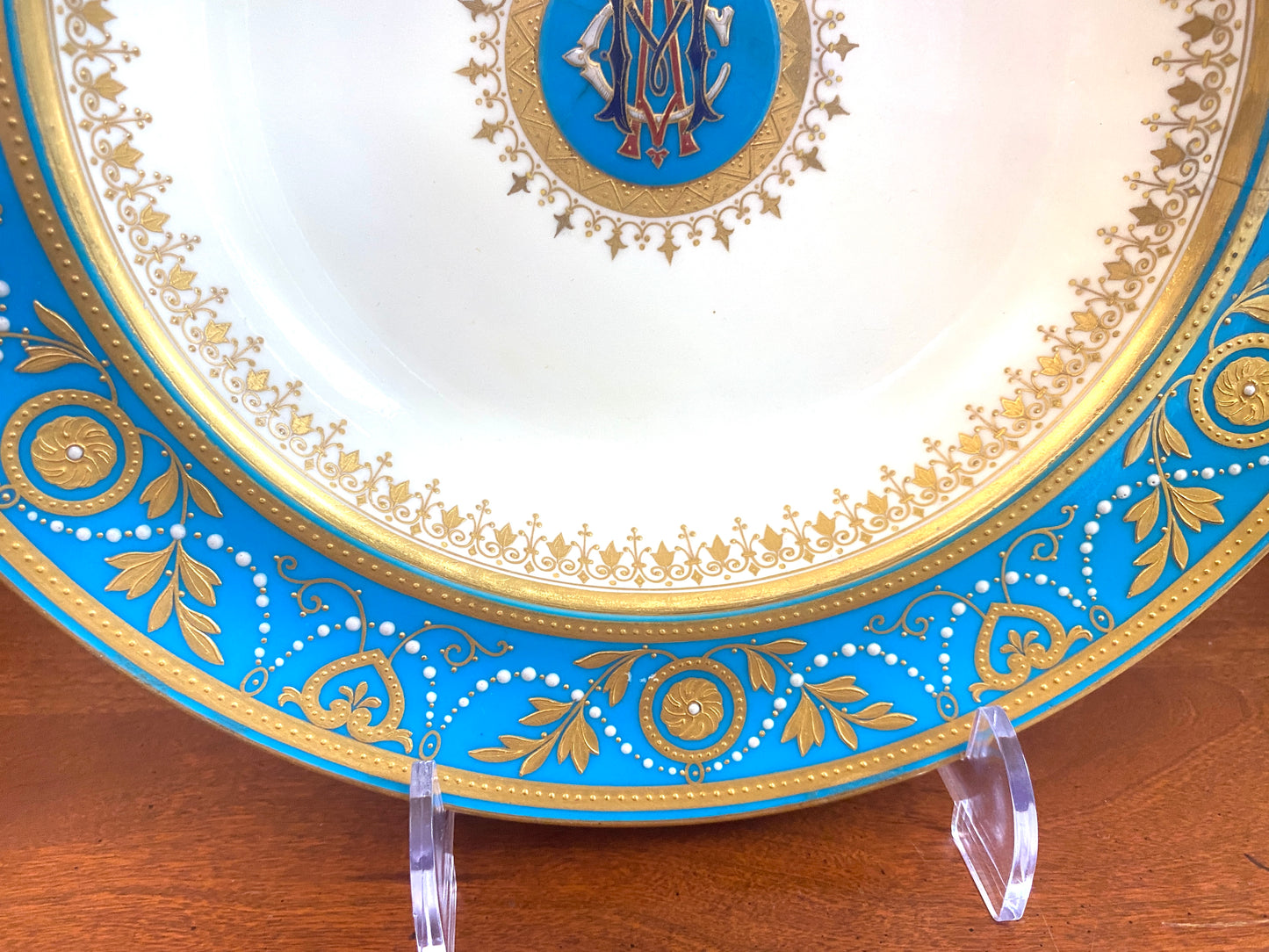 Minton Morrison Service Bleu Celeste / Turquoise Jeweled deep plate, Ca.1870