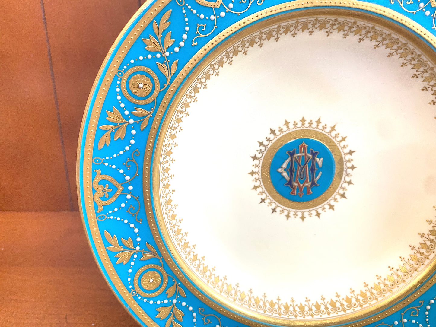 Minton Morrison Service Bleu Celeste / Turquoise Jeweled deep plate, Ca.1870