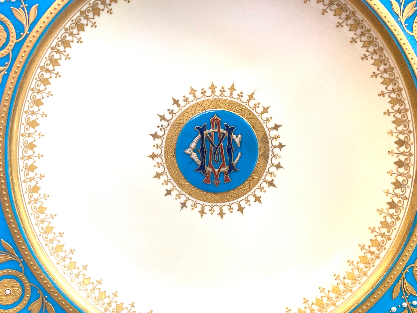 Minton Morrison Service Bleu Celeste / Turquoise Jeweled deep plate, Ca.1870