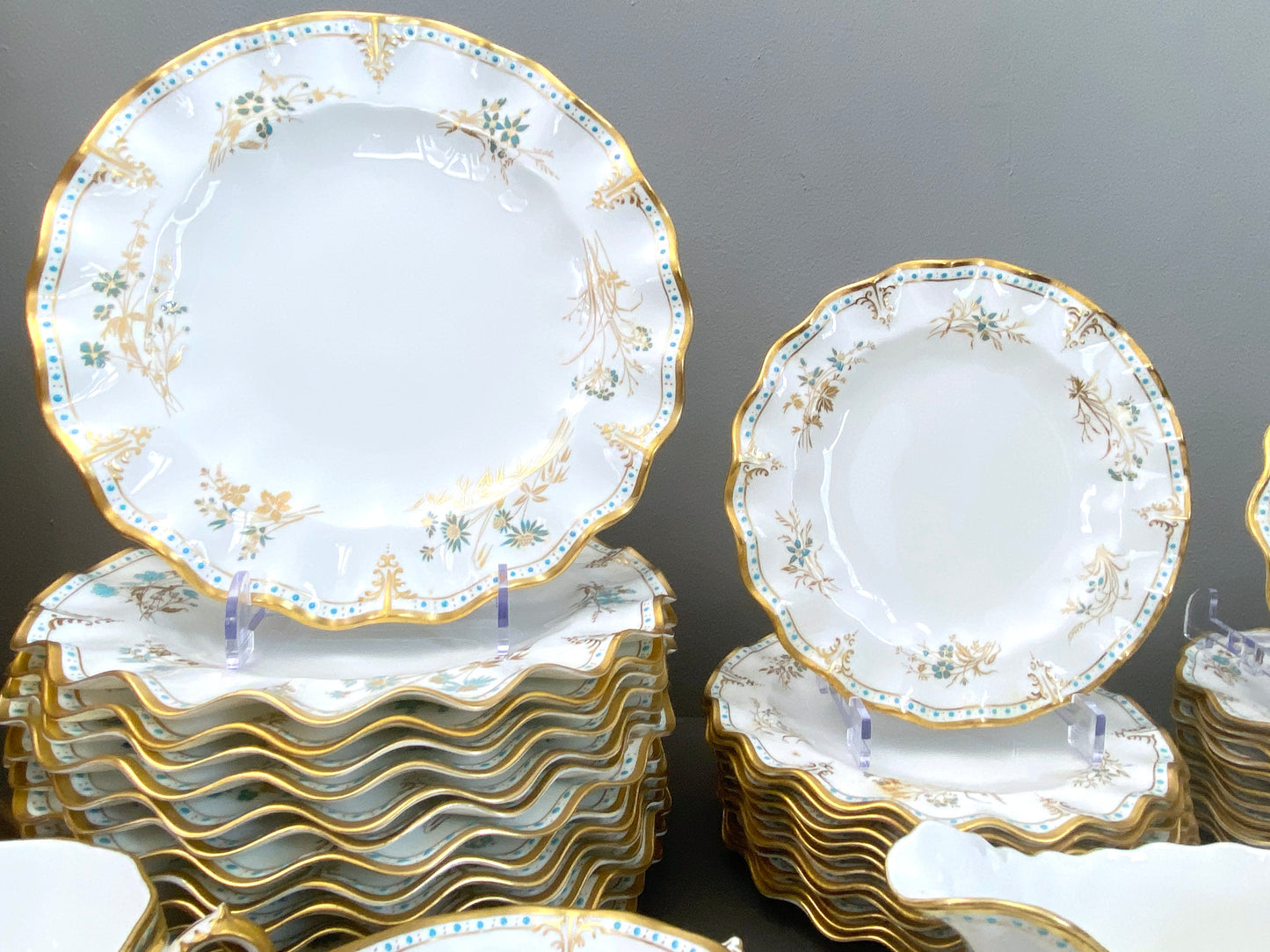 Royal Crown Derby bone china dinner plates in the Normandie pattern