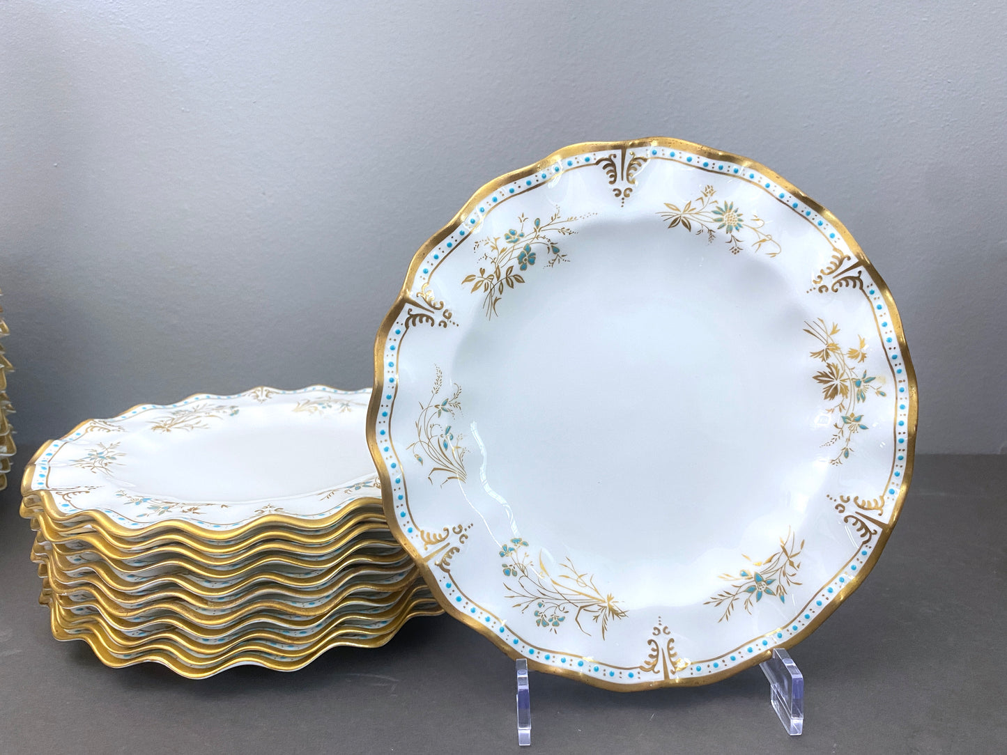 Royal Crown Derby bone china dinner plates in the Normandie pattern
