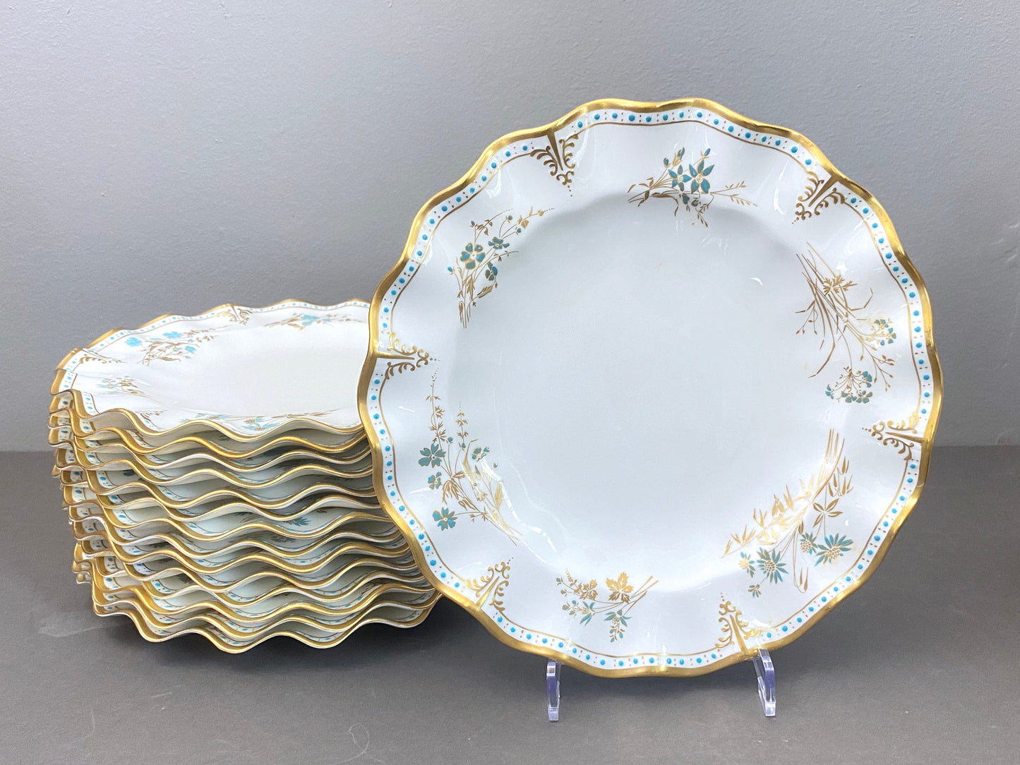 Royal Crown Derby bone china dinner plates in the Normandie pattern