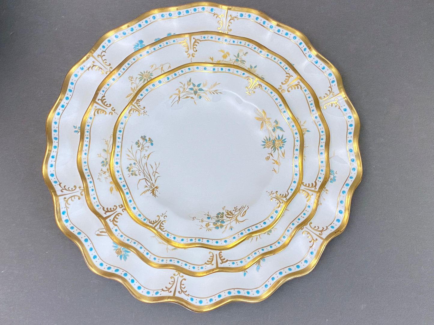 Royal Crown Derby bone china dinner plates in the Normandie pattern
