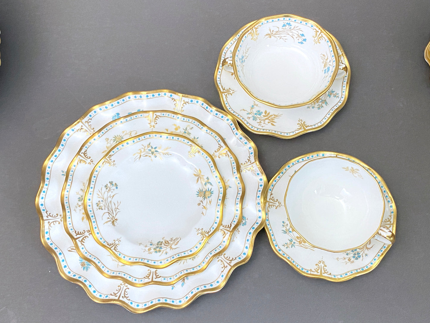 Royal Crown Derby bone china dinner plates in the Normandie pattern
