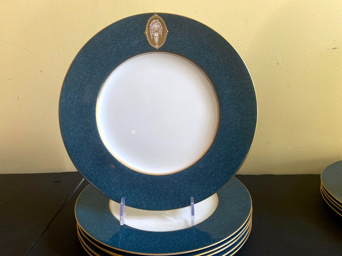 Royal Worcester gold medallion plates, , powder blue border, gold rim, ca.1930