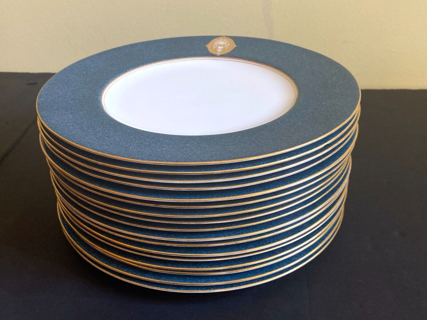 Royal Worcester gold medallion plates, , powder blue border, gold rim, ca.1930