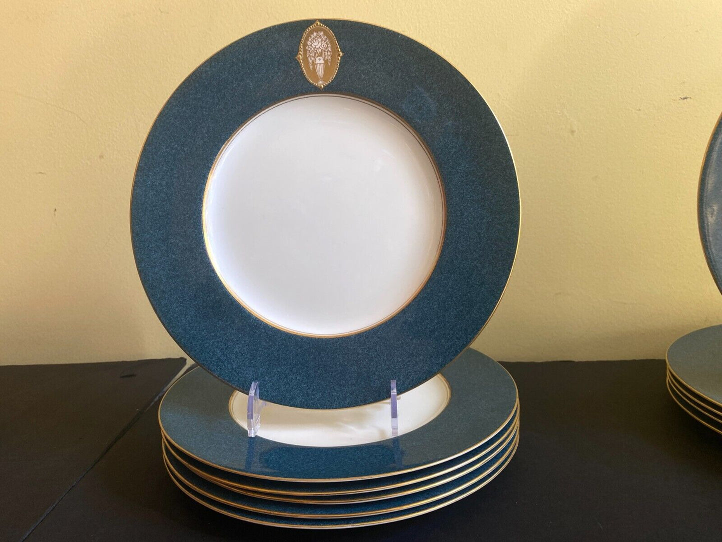 Royal Worcester gold medallion plates, , powder blue border, gold rim, ca.1930