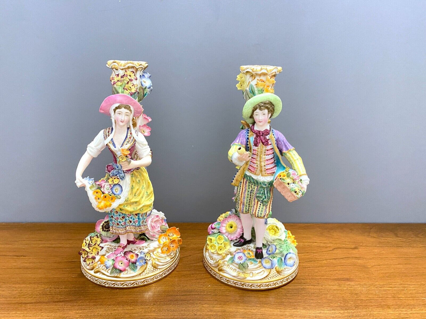 Pair Derby/Chelsea porcelain Figural candlestick, man and woman,18 century, rare