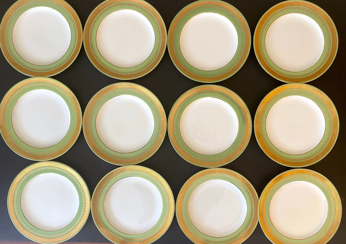 Antique Wedgwood dessert plates, set of 11, gold encrusted green border, 7 inches, bone china, circa 1900s, excellent